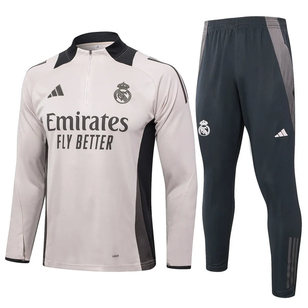 Conjunto Real Madrid Zíper Curto Treino Bege e Ciano 2024/25